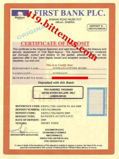 Australian lottery certificate of deposit